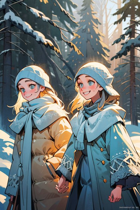 friends on a walk through a snowy forest. winter sun, snowflakes. smiling happy faces.  kkw-skin-det-all_checkpoint_skin_detail_-_skin_detail_v1.0 , overalldetail-detail_++_-_overall_detail  . detailed faces, (realistic:1.2), (masterpiece:1.2)
