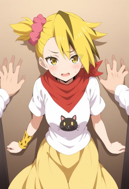 <lora:Noboru_Kodo>,noboru kodo,1boy,solo,animal print,shirt,skirt,hair ornament,pink scrunchie,yellow skirt,flower,white t-shirt,scarf,otoko no ko,single wristband,long skirt,side ponytail,cat print,kabedon,pov hands,open mouth,sweatdrop,masterpiece,high score,great score,absurdres,