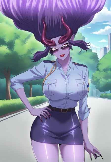 masterpiece,best quality,absurdres,amazing quality,official art,anime screencap,anime coloring,official style,ultra detailed,highres,beautiful detailed hair,beautiful detailed eyes,detailed fingers,
<lora:Lust Demon-IL V1:1>,
Lust Demon,1girl,demon girl,solo,demon horns,horns,pointy ears,colored skin,purple skin,large breasts,purple hair,floating hair,make up,lipstick,red lips,red eyes,
lust demon earrings,jewelry,police_uniform,outdoors,sunglasses,day,hand on own hip,pencil skirt,