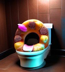 d0nu71f13d, a anime style image of a cat made of doughnuts, sitting on a toilet made of doughnuts, cinematic lighting, absurdres, donuts, vibrant colours, cat, toilet, flat colours, anime style,
