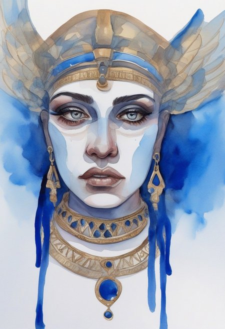 watercolor, watercolour,
a very tanned egyptian woman with a powerful, ancient aesthetic. Her piercing blue eyes are framed by thick, black eyeliner in the style of Egyptian queens, extending in a dramatic wing. Her hair is jet-black, flowing from beneath a rich, royal blue scarf adorned with gold symbols and hieroglyphs. She wears heavy, elaborate earrings and a broad, golden collar necklace, both featuring geometric shapes and vivid blue accents that mirror the designs on her scarf