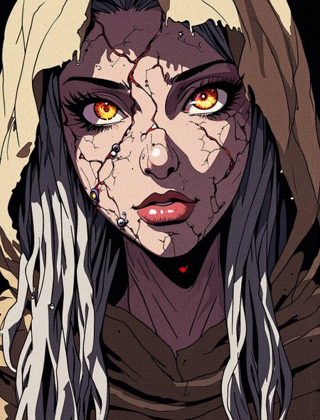 hyper-detailed, modernretroanime, Anime, mature female, thick lips, long eyelashes, makeup, 
Emphasized upper body focus, an ultra-detailed close-up of a mystical woman with cracked, stone-like skin that appears weathered and ancient. The cracks spread like veins across her pale, ashen face, glowing vividly with molten lava tones of red, orange, and gold beneath. Her eyes blaze like fire, with highly detailed reflections of flames flickering in the irises, creating a mesmerizing effect. Her lips are adorned with metal piercings, reflecting ambient light realistically, while the texture of her cracked skin includes hyper-realistic fine details like sharp edges and subtle raised fragments. She wears a worn-out beige hood with realistic fabric fraying along the edges, and tattered linen threads hanging loosely. Long dreadlocks in shades of white and grey fall naturally over her shoulders, each dreadlock highly textured and individual. The lighting focuses on her face, casting dramatic highlights over the glowing cracks while shadows enhance the realism of her stone-like features.
 <lora:FluxDFaeTasticDetails:0.4> <lora:Hand_v2:0.5> <lora:MelkorMancin-FLUX:0.4> <lora:RetroAnimeFluxV1:0.6>