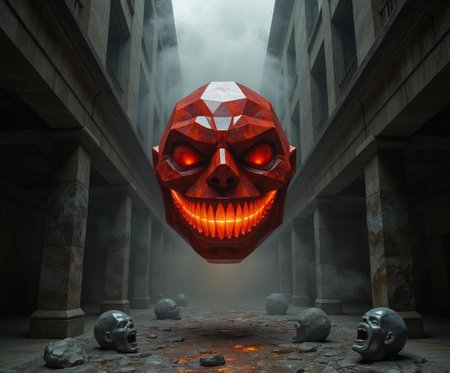<lora:ck-polygon-gems-0019.safetensors:1> a crafted gemstone model in the style of cklg featuring a
In a dimly lit, fog-laden alley, a central figure looms, a manically grinning orb suspended in mid-air. The orb's surface is a series of bold, ink-like outlines, with intense, directional light casting deep shadows, creating a stark contrast between the fiery reds and muted blacks. Disembodied heads, their expressions twisted in silent screams, float around the orb, each defined by thick, black lines and painterly textures that blend smooth gradients with abrupt, striking transitions.
The alley itself is a study in high contrast, with warm, fiery hues—reds, oranges, and yellows—clashing against the cold, foreboding grays and blacks of the decaying buildings. The fog swirls around the central figure, adding a sense of mystery and dread. The composition is meticulously balanced, with detailed, expressive features in the foreground and minimalist negative space in the background, controlling the visual complexity and drawing the eye inexorably to the orb.
The scene is a masterful blend of horror and surrealism, the decaying, otherworldly elements heightened by exaggerated scale contrasts and a cinematic gravity that evokes a deep sense of tension and awe. The chaotic composition and symmetry breaking only add to the unsettling ambiance, making the viewer feel as if they are standing in the midst of a surreal, nightmarish dreamscape.