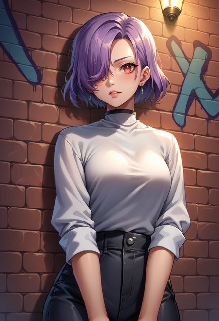 score_9, score_8_up, score_7_up, source_anime, 1girl, solo, erinap5t, short hair, hair over one eye, purple hair, earrings, sharp eyes, choker, neon shirt, open jacket, turtleneck sweater, night, against wall, brick wall, graffiti, dim lighting, alley, looking at viewer, <lora:zs_ErinaXL:1>