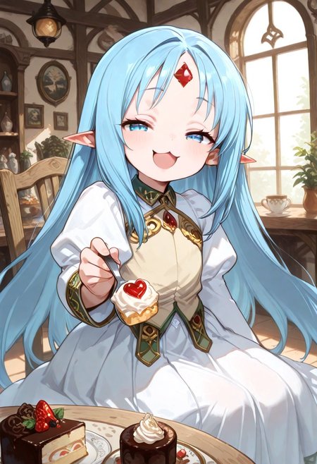 masterpiece, best quality, good quality, very awa, very aesthetic, absurdres, newest, high resolution,high quality,detailed,cute details, gr4ph1t3, beautiful eyes, perfect eyes, detailed eyes, 1girl, solo, reset_kalar_il ,pointy ears,blue hair,long hair,red gem forehead, cute dress, cowboy shot, sitting, cute, looking at viewer, half closed eyes, very smug expression, :3, very cute, feeding, food, open mouth, incoming food, looking at viewer closeup, table, chair, large cake, indoors, fantasy cafe, fantasy