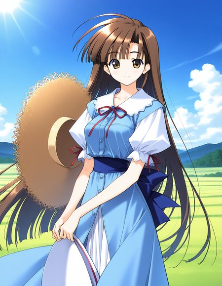 general,highres, ultra-detailed,very aesthetic,best quality ,best hands,  BREAK <lora:Mikage_Subaru_IS:1> Mikage_Subaru, 1girl,solo, brown hair, brown eyes, very long hair, bangs, medium breasts,
dress, hat removed, headwear removed, smile, holding hat, holding,  straw hat, holding clothes, short sleeves, puffy sleeves, looking at viewer, bow, blue dress, sun hat, standing,  ribbon, white blue skirt,
cowboy_Shot,
blue sky, day, grass,
