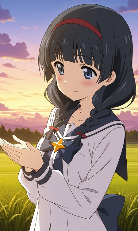 general,highres, ultra-detailed,very aesthetic,best quality ,best hands,  BREAK <lora:Itsuki_Houkago_no_Pleiades_IS:1> BREAK,
Itsuki(Pleiades), 1girl,solo, black hair, long hair, blue eyes, red hairband, twin braids, blunt bangs,breasts, anime coloring, BREAK,
 solo,  school uniform, blush, smile, cloud, sky, serafuku, upper body, long sleeves, cloudy sky, closed mouth, shirt, ribbon
grass, sky,
