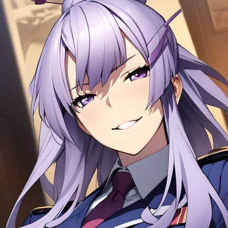 (masterpiece),(best quality),(ultra-detailed),(best illustration),(best shadow),(absurdres),(detailed background),(very aesthetic), frolaytia capistrano, 1girl, solo, hair ornament, long hair, purple eyes, teeth, purple hair, seductive smile, hairclip, uniform,  portrait<lora:frolaytia:1>
