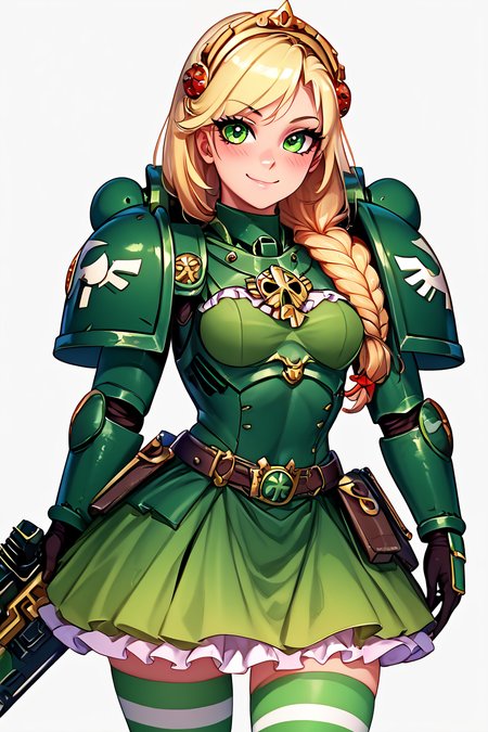 score_9, score_8_up, score_8, medium breasts, (curvy), cute, eyelashes,       BREAK, , zzDarkAngel, 1girl, long hair, simple background, white background, green eyes, weapon, gun, pauldrons, shoulder pads, power armor shoulder armor, arrow (symbol), green theme, cowboy shot, <lora:Dark_Angels_Warhammer_40K_PDXL_v2:0.8>, , BREAK, closed mouth, alternate costume, smile, looking at viewer, blush,  zzLFashion, frilled dress, frills, bow, dress, striped thighhighs, sweetL, cowboy shot,  embedding:zPDXL, Expressiveh,  <lora:Vivid:0.7>,  <lora:LFashionPDXL:1>,  <lora:Uncensored_PonyXL_cpt_v02.09:0.4>,  <lora:Expressive_H-000001:0.4>,