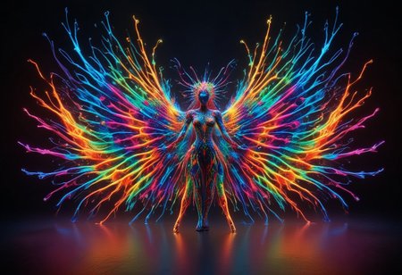 a full body fire entity with multicolored flames, professional photography of an fantastical warrior princess entirely made of cyberflies with whimsical elements, swirling magic, eerie fairytale landscape, elaborate fantasy style art, very colorful, intricate details, ultra sharp, exquisite detail, flawless composition, vivid colors, masterpiece, exciting background, TAS, TASvisuals, Psychedelic , Rave, Elaborate , Blacklight , Vibrant , cyberflies, black light paint, blp, Colorful Chaos Cracks and Drops, mad-glowtiedye, made out of,colorful,liquid,Murano Art Glass