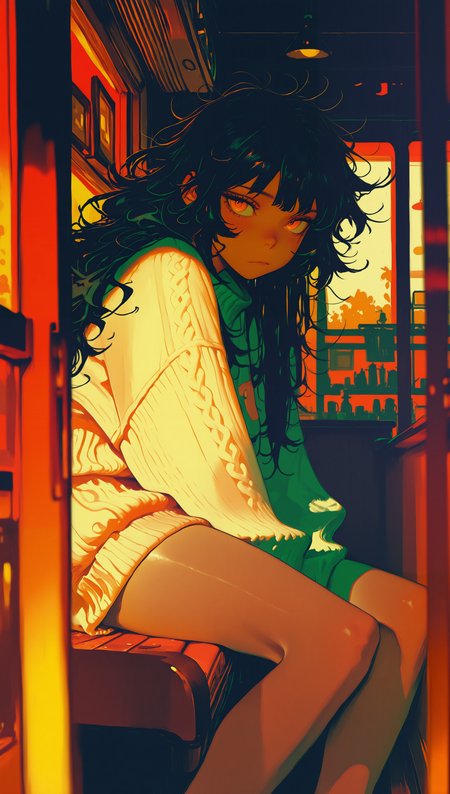 masterpiece, newest,absurdres,incredibly absurdres, best quality, amazing quality, very aesthetic,
1girl, sitting, oversized sweater, bare legs, messy hair, cafe interior, blurry foreground, red and yellow color theme, orange hue, warm lighting,
<lora:Elegence_Niji:1> 3l3ganc3 <lora:Forest_Decay_Style_ichi_sk:1>