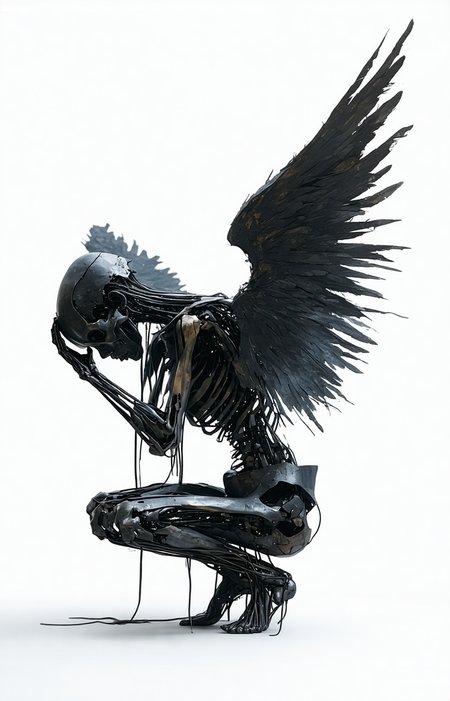 A dark, winged figure crouches, resembling a mechanical or skeletal being. The large, tattered wings are spread, appearing fragile and worn. The figure's body is composed of metal-like materials, intricately designed to resemble a humanoid form. Set against a stark, white background, the figure gives off a mysterious and somber aura, evoking themes of decay, resilience, and otherworldliness