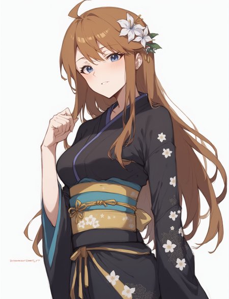 score_9, score_8_up, score_7_up, score_6_up, <lora:SoonV1:0.85>, mgmtkr, medium breasts, long hair, blue eyes, brown hair, <lora:Hoseki_Idolmaster_MegumiTokoro_PDXL_v1:1>
1girl, artist name, black kimono, hair flower, kimono, (floral print:1.2), sash, obi, blush, looking at viewer, navel, simple background, sketch, solo, standing, stomach, upper body, white background,