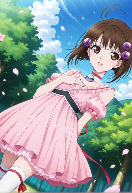 light smile, parted lips, hand on chest, from behind, looking back, flower petals, 
cowboy shot, dynamic angle,
BREAK,
<lora:reala_illustriousXL_v01:0.95>
realadef, brown hair, hair ornament, brown eyes, ahoge, short hair, 
pendant choker, pink dress, frills, ribbon, collarbone, 
white thigh highs,, source_anime, very aesthetic, anime coloring, masterpiece, 
best quality, amazing quality, ultra detailed, very aesthetic, 
detailed background, 
BREAK,, forest, flowers, clouds, day, floating leaves,