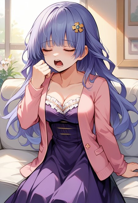 score_9, score_8_up, source_anime, 1girl, solo, IzayoiCasual, long hair, flower hairclip, pink cardigan, purple dress, frills, cleavage, sitting, indoors, on couch, yawning, tired, <lora:ChamMikuIzayoiPonyXL:1>