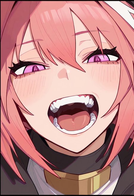 masterpiece, best quality, very aesthetic, high resolution, ultra-detailed, absurdres, newest, extremely detailed eyes, COOLSY, MXSTL, 1girl, astolfo, open mouth, pink eyes, pink hair, short hair, detailed pupils, jewelry, looking at viewer, pink background, teeth, portrait, brooch, pink dress, bangs, hair between eyes, tongue, black border