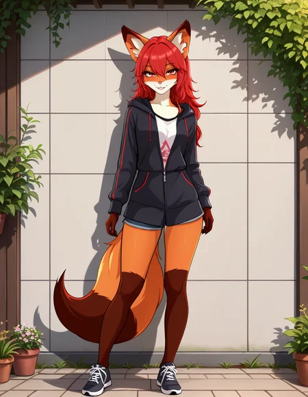 masterpiece, best quality, very aesthetic, absurdres,
outdoors, full body,
standing, posing, casual, 
seductive smile, parted lips, long eyelashes,
 <lora:Lia_v01_NAIXL:1> Lia,1girl,solo,furry female,fox girl,long hair,red hair,bangs,fox ears,animal ear fluff,hair between eyes,red eyes,animal nose,body fur,two-tone fur,orange fur,white fur,fox tail,