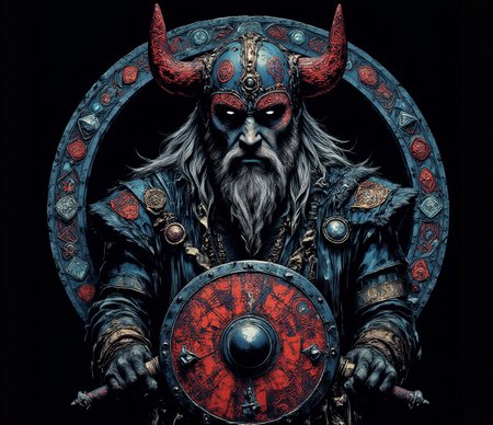 professional 3d model line art drawing <lora:ck-shadow-circuit:1> <lora:lora-Váhlgard_:1>Dirty paint.., art by Mike Mignola.This is a digital drawing in a highly detailed, intricate, and stylized art form, resembling a Viking or Norse-inspired design. The central figure is a bearded man with a stern expression, wearing a horned helmet adorned with intricate patterns in red, blue, and gold. His eyes are piercing blue, and his beard is long and flowing, with a mix of white and gray tones. He is dressed in elaborate armor with ornate details, including a chest plate and shoulder guards, all in shades of blue, red, and gold.Surrounding the figure is an ornate circular frame filled with intricate patterns and geometric shapes, predominantly in shades of blue, red, and white. The background is dark, enhancing the vivid colors and detailed textures of the central figure and frame. Below the figure, there is a shield with a red and white design, and two swords crossed behind the shield, also in a red and white pattern.The overall style is highly detailed and vibrant, with a mix of traditional and modern elements, reminiscent of both ancient Viking art and contemporary digital art. The image conveys a sense of strength, power, and historical grandeur through its rich, bold colors and intricate designs.
. . professional, sleek, modern, minimalist, graphic, line art, vector graphics . octane render, highly detailed, volumetric, dramatic lighting