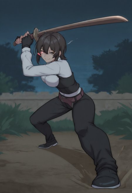 masterpiece, best quality, newest, absurdres, highres, dark, outdoors, night, closed mouth, smug, grin, looking at viewer, medium breasts, 1girl, solo,  <lora:Elna_Stongs_Illustrious-000010:1> estonggsslna, short hair, brown hair, sidelocks, hair between eyes, bangs, brown eyes, white shirt, dress shirt, underbust, black gloves, fingerless gloves, belt, black pants, black footwear, full body, incoming attack, dynamic pose, foreshortening, holding sword, eye trail, light trail