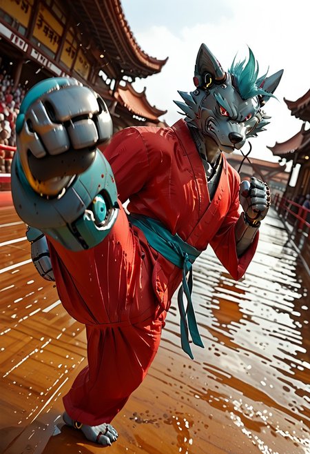 (((Barefoot furry character, full body, cinematic setting, furry male, plantigrade))) 
(((Gilliam))), wolf boy, ((red kimono and pants, training kung-fu on outdoors training ground, fighting stance, dynamic pose, perform side kick)), three toes, claws, pawpad, determined look
BREAK
(((gilliam wolf, evil eye, sharp, red fluff tail, cyan hair, robot, cybernetic wolf, metallic))), (((kicking, kicking at viewer, stands on one feet))), ((nice robotic feet paws)), 
BREAK, intricate details, highly detailed, extreme detail, octane render, fine art, best quality, highres, (detailed face:1.5), ((full_body)), UHD, (((perfect hands))), low light