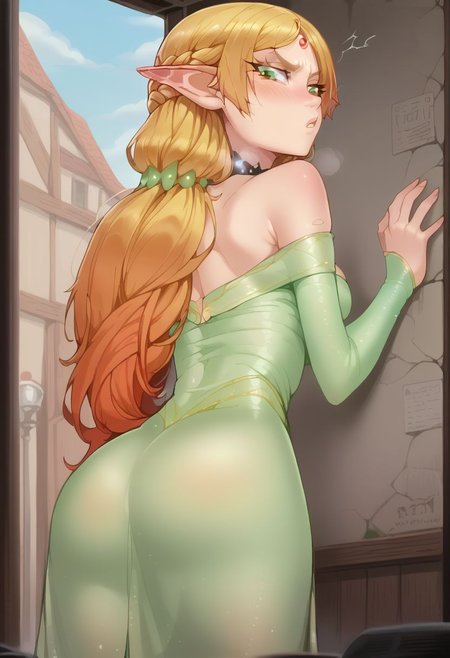 score_9, score_8_up, score_7_up, score_6_up, score_5_up, score_4_up, best quality, masterpiece, uncensored,BREAK ,   tsundere elf, long hair, blonde hair, green eyes, pointy ears, elf, multicolored hair, forehead jewel,elf, dress,1girl,solo ,ass