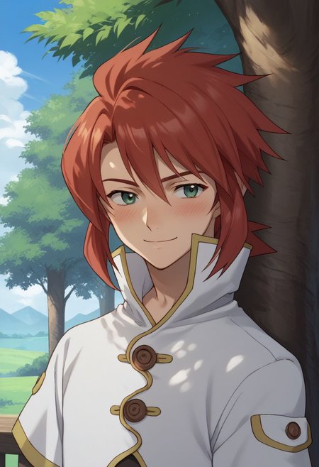 score_9, score_8_up, score_7_up, source_anime, highly detailed, 
lukefon, male focus, 1boy, red hair, solo, smile, green eyes, shirt, black shirt, coat, high collar, white coat, upper body, short hair, blush,
outdoor, sky, tree,