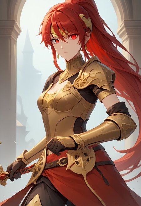 score_9, score_8_up, score_7_up, source_anime, , HD, masterpiece, best quality, hyper detailed, ultra detailed, 1girl, PyrrhaNikosXL, green eyes, red hair, long hair, ponytail, hair between eyes, forehead protector, medium breasts, gold gorget,  gold armlet, black elbow gloves,
Knight, plate armor,  wielding a sword and shield, dramatic pose,
(red eye trail:2.0), yellow eye trail,