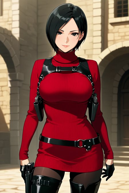 <lora:ada_wong_re_illus:0.7> ada wong, black hair, short hair, black eyes, large breasts, red sweater, turtleneck, chest harness, pantyhose, black gloves, half gloves, black belt, pistol holster, 1girl, solo, looking at viewer, smile, thighhighs, jewelry,  standing, weapon, boots, belt, black footwear, lips, gun, thigh boots, bob cut, high heel boots, sweater dress, thigh holster,  shoulder holster, black thighhighs, anime coloring, pistol holster on belt, medieval cities, more detail, cowboy shot,