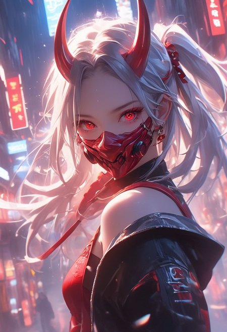 WLOP art style, Digital painting style visual effects, real humans, (Korean girl), Temari, looking at the audience, female, ((With straight one pair Oni Horns on On the forehead)), (((solo))), Innocent eyes and smile, ((((folded double pigtails)))) ,white hair, short hair, (fluffy very short (spiky pigtails)), ((abs)), ((((navel exposed)))), (Face mask), ((abs)), ((((navel exposed)))), black short Hoodie, red long-sleeved top, tight denim hot pants, long legs, clear face, ruby ​​red eyes, holding a gun, gun in hand, looking up, bright eyes, clarity, movie shot, (full body), complex Details, 8k post-production, faithful and colorful movies,
