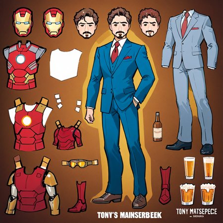 masterpiece,A cartoon-style paper doll of Tony Stark, dressed in a sleek, modern suit with a charismatic smile. The doll set includes additional accessories: a set of Iron Man armor pieces, detailed and vibrant, allowing for a transformation from business mogul to superhero. Alongside the armor, there are two more playful accessories - a realistic-looking hamburger and a glass of whiskey, capturing Tony's indulgent and carefree side. Each accessory is crafted to fit seamlessly with the paper doll, offering a range of storytelling and display possibilities,  <lora:papperdollfix2:0.7>