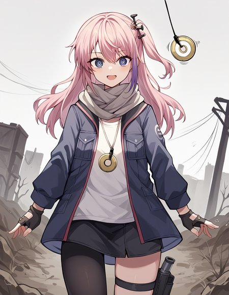 score_9, score_8_up, score_7_up, source_anime, <lora:girlsfrontline-st-ar-15-ponyxl-lora-nochekaiser:1>, st ar-15, blue eyes, hair ornament, long hair, multicolored hair, one side up, streaked hair, pink hair, purple hair,, asymmetrical legwear, black pantyhose, black socks, dress, fingerless gloves, gloves, grey scarf, holster, jacket, pantyhose, scarf, shirt, single leg pantyhose, single thighhigh, strap, thigh holster, thigh strap, thighhighs, uneven legwear, white shirt,, wasteland, barren, dry, post apocalyptic, desolate, smile, <lora:pendulum-ponyxl-lora-nochekaiser:1>, pendulum, holed coin, coin on string, hypnosis, mind control, coin, @ @,, looking at viewer, solo,, dutch angle, cowboy shot