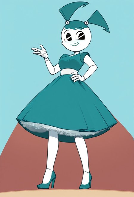 (Masterpiece, best quality:1.2), score_9, score_8_up, flat color, flat shading, soft shading, lighting, Jenny Wakeman as an adult, in a 1950's full length formal blue skirt, a white belt, button down v-neck formal black top, a fluffy frilly ruffled full white petticoat, and black high heels, dress, layered petticoat, frilly petticoat, fluffy petticoat, full petticoat, detailed petticoat ((wide skirt, detailed outfit, flowing skirt, long skirt, solid blue colored skirt, black high heels)), blue hair, series accurate, cute, best high quality, high res, robot, humanoid robot, medium breasts, whole body shot, 1girl, ((solo, outdoors, looking at you, low angle)), cute, seductive, seductive smile, half lidded eyes, low angle shot, cartoon, cartoon style, vector, solo, circle dress, 1950s, whisperfoot_style, dance dress jenny, jenny wakeman, 1girl, solo, robot joints, black eyes, white skin, ponytail, hair bow, blue rose chest corsage, poofy dress, blue hair, flat lighting