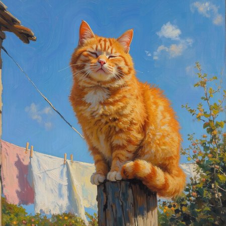 **Prompt:** An **oil painting** of a **fluffy, chubby ginger cat** with a soft patch of white fur on its chest, sitting with closed eyes atop the end of a tall wooden pole, radiating an air of peace and satisfaction. Its plump body and lazy posture reflect its contentment, as all four paws rest securely on the pole. The view is captured from below, giving the cat a majestic, almost regal position against the **bright blue sky**. Bold, expressive brushstrokes add texture to the thick fur and soft whiskers, emphasizing its fluffiness and round shape.
In the background, **laundry hangs on a line**, delicately blowing in the breeze—simple pieces in whites and pastel colors, contrasting with the ginger fur of the cat. The sun casts a warm, golden light across the scene, highlighting the richness of the cat's fur and the wood grain on the pole. The overall impression is one of **peaceful idleness and warmth**, with a playful nod to the cat’s lazy, carefree nature in a scene that feels both rustic and cozy. bold brushstrokes, OByouhua