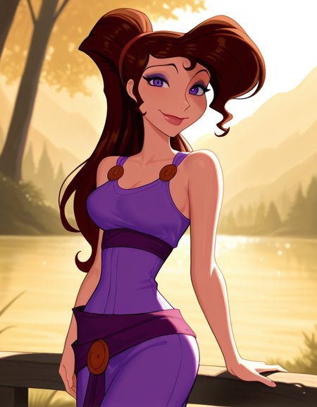 masterpiece, best quality, amazing quality, very aesthetic, absurdres,  newest, detailed background, cowboy shot, 4k, 8k, outdoors,
megaraxd, 1girl, solo, long hair, brown hair, makeup, purple eyes, lips, purple dress, medium breasts, smile, looking at viewer,
 <lora:Megara_-_Disney_Illustrious:1>