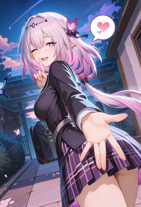 (masterpiece),best quality,amazing quality,newest, very aesthetic,absurdres,perfect body,perfect eyes, per (negative_v2 Color_Balance_Calibration), detailed eyes, detailed background, 4k, detailed face, detailed fingers, sidelighting, 1girl, solo, castorice \(honkai star rail\), dress, butterfly, bug, breasts, purple eyes, purple hair, hair ornament, pointy ears, multicolored hair, pink hair, colored inner hair, school uniform, shirt,plaid skirt,long sleeves, school jacket, black jacket, school bag, wink, excited smile, looking at viewer, looking back, open mouth, palm, ((offering hand, spread fingers)), shushing, walking, from behind, (spoken hearts), happy expression, cute look, medium breasts, ((defined fingers, defined fingernails)), 
School building, purple blue butterflies, petals, petals on ground, (sakura trees:1.3), pavement, school gate, bush, colorful sky, (starfall:1.2), yellow meteorite trail, upper half pov, cowboy shot, night, blue moon, (foggy:1.2), ((cinematic)), purple dust particles, depth of field, pink clouds, light particles, best lighting, dynamic angle