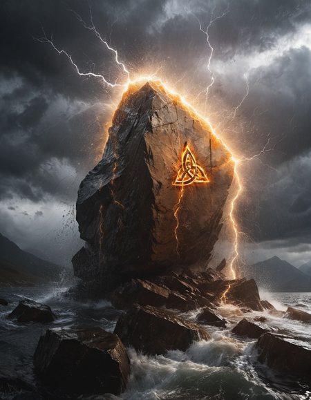 (closeup), lighning hitting montain causing huge  rock avalanche, (giant orange burning celtic runes, flames), (stone impact), raining, mountains,  rocks, (wet), water dripping, epic stormy gray sky, (cinematic), scifi,  lightning ,  <lora:Desolation:0.6>