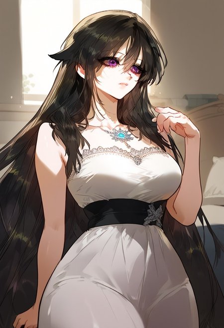 zPDXL3, score_9_up, score_8_up, score_7_up, (Anime_source), 1girl, Reneille, purple eyes, black hair, long hair, Reneille clothes, sleeveless, cowboy shot, 1girl, solo, bedroom,