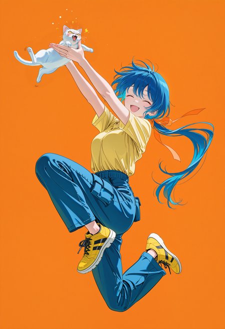 masterpiece,best quality,amazing quality,very aesthetic,absurdres,newest, 1girl, yellow shirt, blue hair, low ponytail, happy, light blush, closed eyes, hands up, floating hair, midair, floating, jumping, cargo pants, blue pants, white cat, simple background, orange background, yellow footwear, short sleeves, hair ribbon, orange ribbon, facing viewer, bent knees, arms up, 
hiro \(dismaless\),  <lora:z3zz4_075:0.8>,