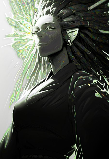 score_9, score_8_up, score_8, female, cel-shading, backlit, delicate features, very long hair, (dreadlocks), upper body, big breasts, techwear, cyborg, pointy elf ears, multiple ear piercings, techwear, dynamic pose, freckles, tan, colorvsgrey, monochrome, green glowing machine parts, hair oranments, kimono, electrical arcs,