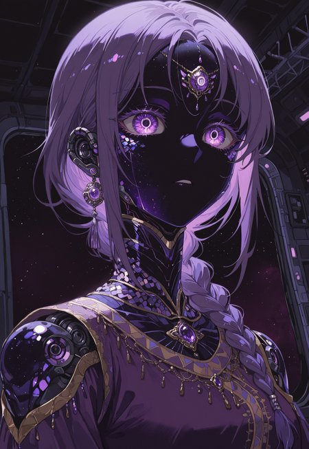 masterpiece, best quality, 1girl, robot girl, robot joints, purple dress, indian clothes, purple accents, long hair, portrait, dark space station interior, close-up, braided ponytail, 15546+456868, jewelry