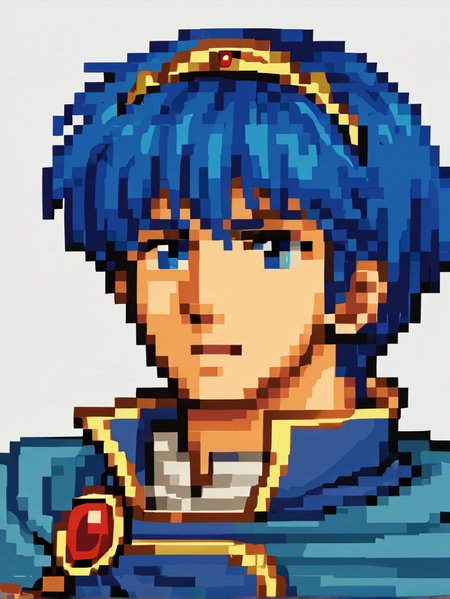 score_9, score_8_up, score_7_up, source_anime, BREAK, solo, 1boy, <lora:zs_FE5PortraitsXL:1.1>, fe5portraits, portrait, white background, <lora:Marth-pdxl_Fp:0.8>, marthfe, blue hair, blue eyes, short hair, tiara, blue tunic, armor, cape, pixel art,