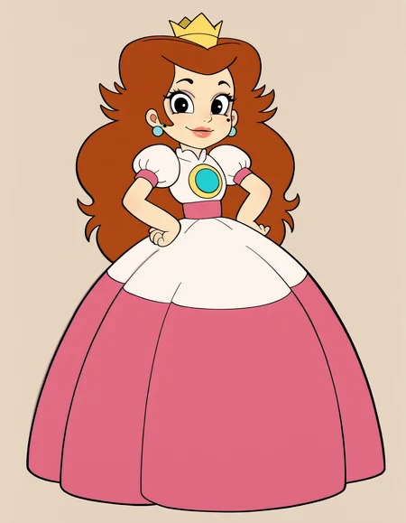 <lora:PrincessToadstoolIllusstrious1.0JLFO:0.8> princess toadstool, 1girl, long hair, , brown hair, solo, earrings, crown, black eyes, l, lips, makeup, pink dress, puffy sleeves, smile, brooch, looking at viewer, hand on own hip, cowboy shot,, masterpiece, best quality, amazing quality, very aesthetic, absurdres,simple background, full body,