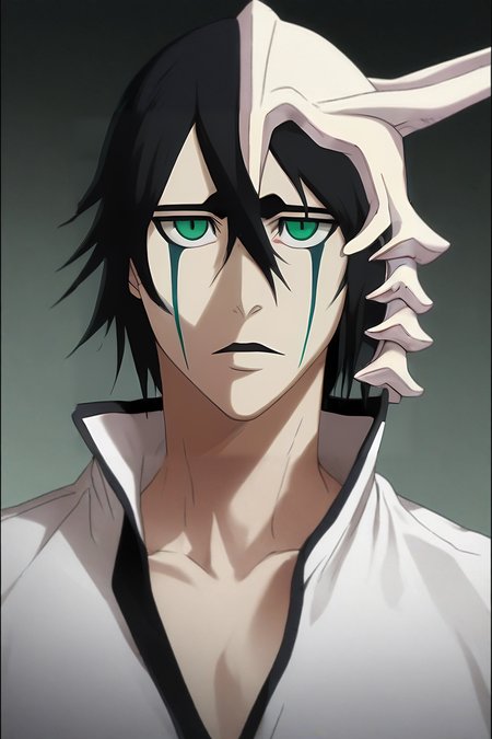 score_9, score_8_up, score_7_up, source_anime, (photorealistic:0.6), , upper body, , 1boy, solo, male focus, <lora:ulquiorra_cifer_pony:0.78>, ulquiorra_cifer, black hair, green eyes, facial mark, hair between eyes, , science fiction western, , <lora:sdxl_lightning_8step_lora:1>