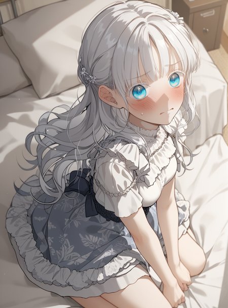score_9_up, score_8_up, score_7_up, (Anime_source), 1girl, embarrassed, kneeling on bed, looking at viewer, from side, from above, dress <lora:Aisha_Del_Elmir_-_Into_the_Light_Once_Again:1> aisha del elmir, 1girl, blue eyes, white hair, long hair, medium breasts, white eyeslash, bangs,