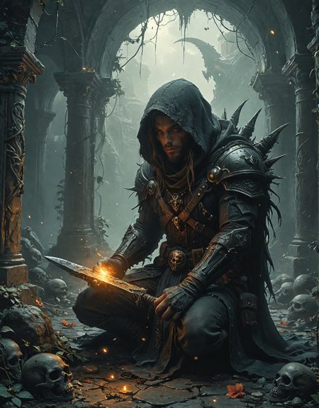 Dark Moody Atmosphere, Dark Fantasy Art, (oneshadowmancer assassin with void-dagger:1.2), kneeling to summon necrotic rune circle, runestone-carved plate mail with ancestral glow, chrono_rupture, Hologram hive projecting bee-driven realities,  rains that colorize monochrome landscapes, petals marking calendar events,Data equinox balancing server loads, Canopies of ivy that crystallizes air moisture,
 <lora:tbh295-sdxl:0.15> style of H. R. Giger,
<lora:tbh297-sdxl:0.3>,
<lora:tbh189-sdxl:0.15> style of Hieronymus Bosch,
<lora:add-detail-xl:0.7>,
<lora:extremely_detailed:0.7> extremely detailed,
<lora:Flux-XL_Scenery:0.15> flux-scenery,
<lora:Flux-style-xl-lora:0.15> flux-style
<lora:1dkXLP:0.15> 1dk,
<lora:PainterlyFantasiaFlux:0.15> Digital painting style,
8K resolution, ultra-detailed cinematic composition, contemporary concept art style, volumetric magical atmosphere with ethereal glow, rich complementary color palette, vivid gradients and chiaroscuro contrast, dynamic perspective with layered depth of field, inspiring awe-inspiring mood, Unreal Engine 5 render quality, intricate textures, flawless anatomy, rule of thirds composition, luminous highlights, surreal ambiance, award-winning illustration, harmonious balance of light and shadow, photorealistic details, ArtStation trending, chromatic accents, nostalgic futurism, dreamlike serenity, bold creativity, professional finish, sharp focus, ambient background, fascinating dynamic motion,, dark, moody, dark fantasy style, dramatic, mysterious, dark moody atmosphere, Grimdark painting art style, dark and brooding composition, dramatic lighting, captures the sinister and macabre atmosphere