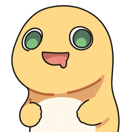 chibi,drooling,mouth drool,upper body,open mouth,(nailong),green eyes,yellow skin, solo, no humans, yellow skin,pokemon \(creature\), smile,open mouth, standing, simple background, white background,looking at viewer,