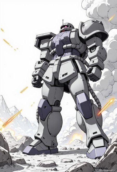The Zaku II,mecha, a huge robotic figure being shot at by explosions off in the distance, robot, mecha, no humans, science fiction,HarutoYumaArts, pencil drawning, color accents, color highlights, (grayscale:1.3),mecha, robot, glowing, ef_ffct,nijimecha