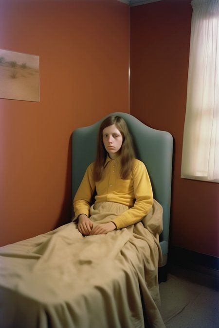 <lora:Alec Soth style:1>Alec Soth style - Create a portrait photograph that mimics Alec Soth's style in Sleeping by the Missisippi. The photography should be taken by a large format camera with Kodak Portra 400 film. The photograph describes the scene seen by the hero in Solaris (a science fiction) when he first woke up in the star. His girl friend was alived, sitting on a chair. And there is a window, from which one can see the red sea and red sky. The colors should not be too saturated.