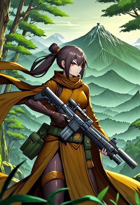 GunMonk, 1woman, holding a gun,  forest mountain background