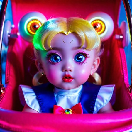 <lora:add-detail-xl:0.8> Baby sailor moon sitting in a moon pram in the style of sailor moon glowing eyes, multiple facial expressions, cinematic quality, cinematic lighting, 128k, 1080p, hyper realistic details, Canon EOS 1200p, neon, black light,DSLR, maxim, pastel colour palette,(mark ryden 1.3) <lora:bigeyes-xl-v1:0.8> big eyes, anime eyes